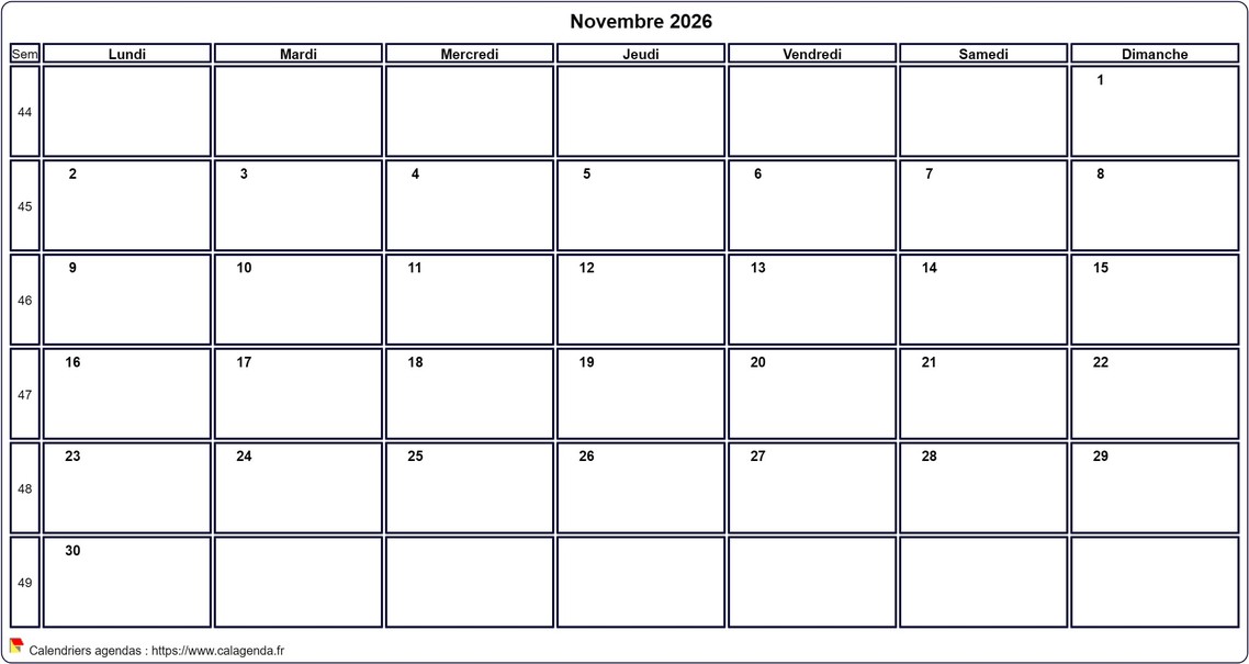 Calendrier novembre 2026 personnalisable avec les vacances scolaires Calendrier novembre 2026 personnalisable avec les vacances scolaires