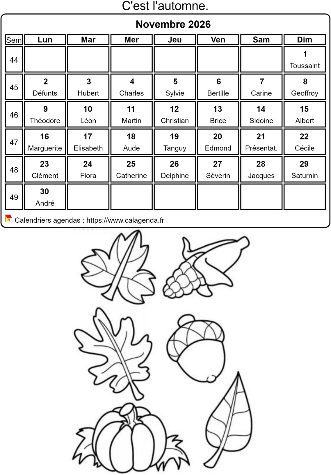 Calendrier 2026 à colorier du mois de novembre Calendrier 2026 à colorier du mois de novembre