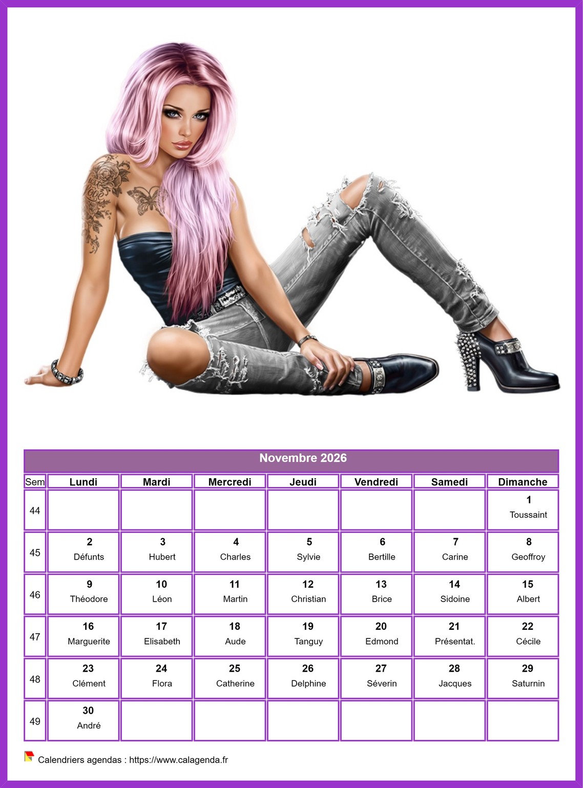 Calendrier novembre 2026 femmes Calendrier novembre 2026 femmes