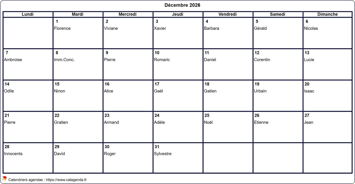 Calendrier décembre 2026 à imprimer vierge, avec les fêtes Calendrier décembre 2026 à imprimer vierge, avec les fêtes