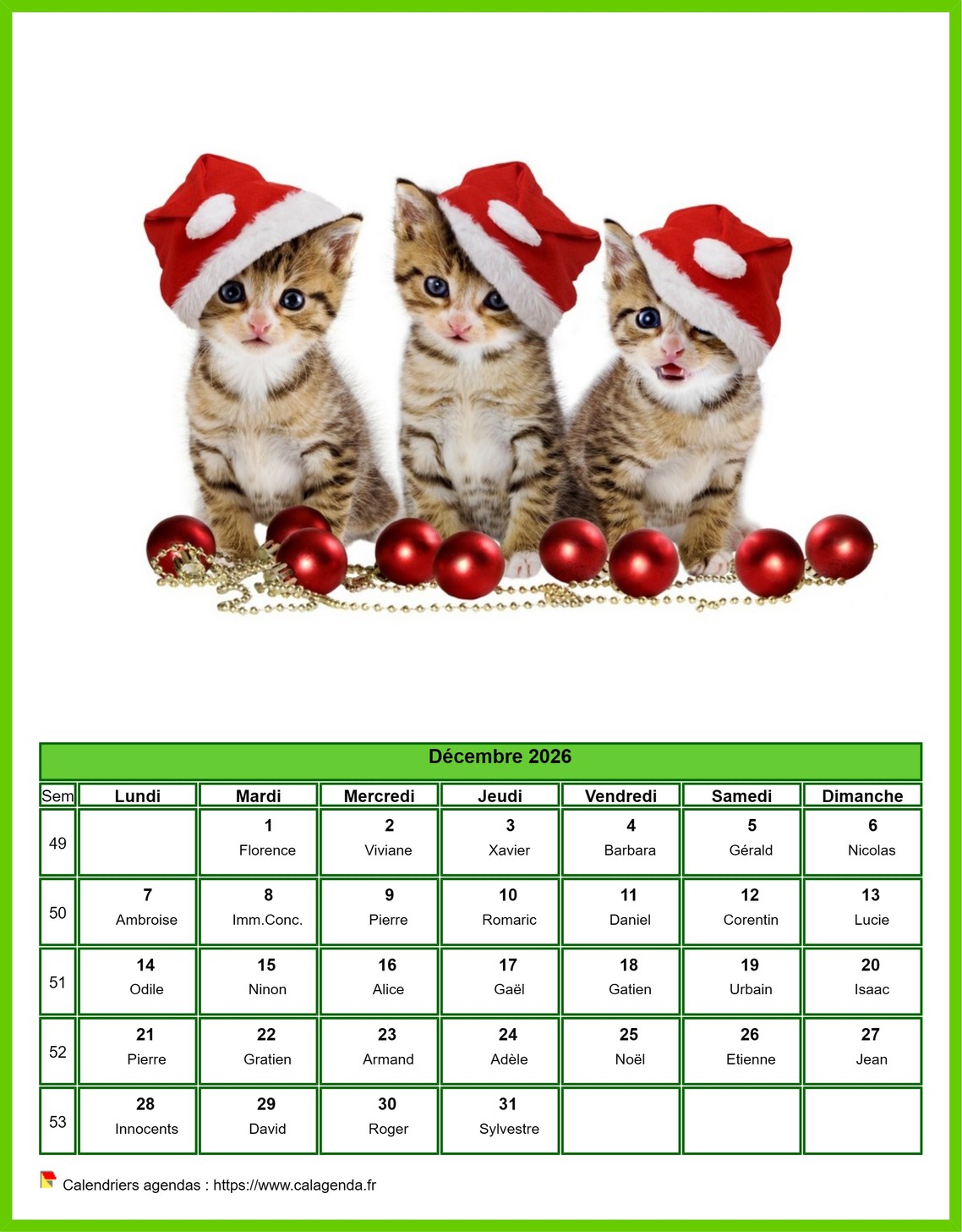 Calendrier décembre 2026 chats Calendrier décembre 2026 chats