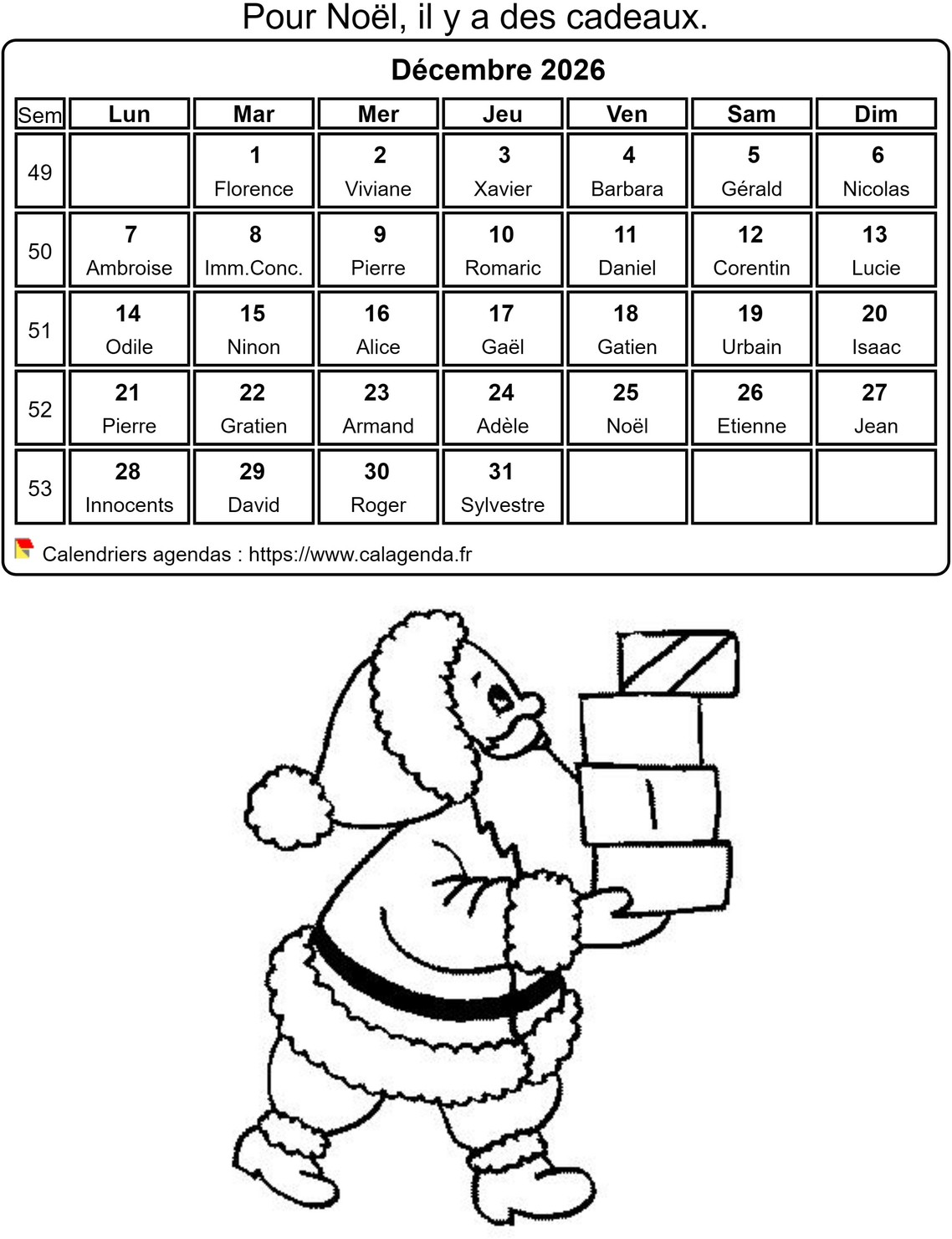 Calendrier 2026 à colorier du mois de décembre Calendrier 2026 à colorier du mois de décembre