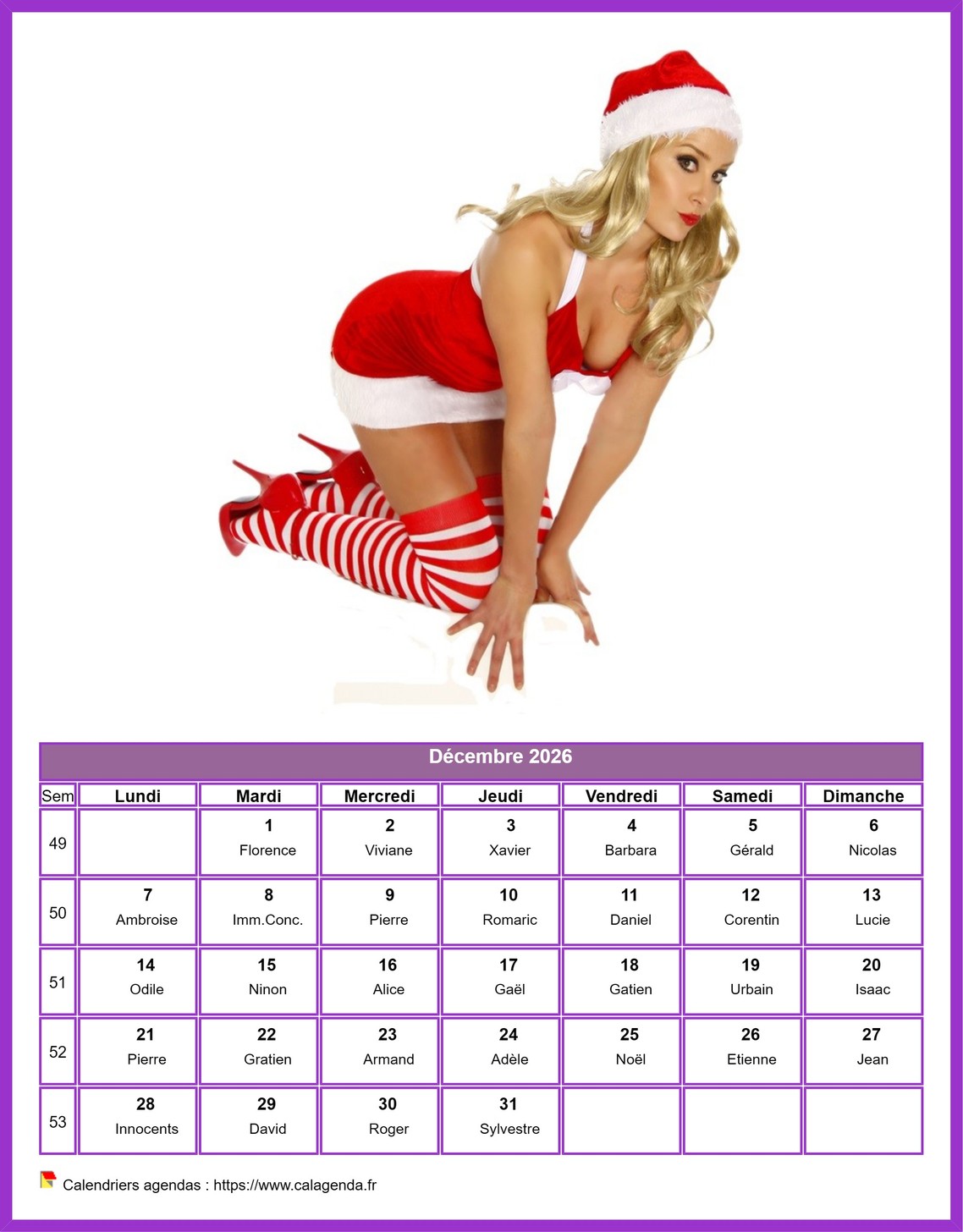 Calendrier décembre 2026 femmes Calendrier décembre 2026 femmes
