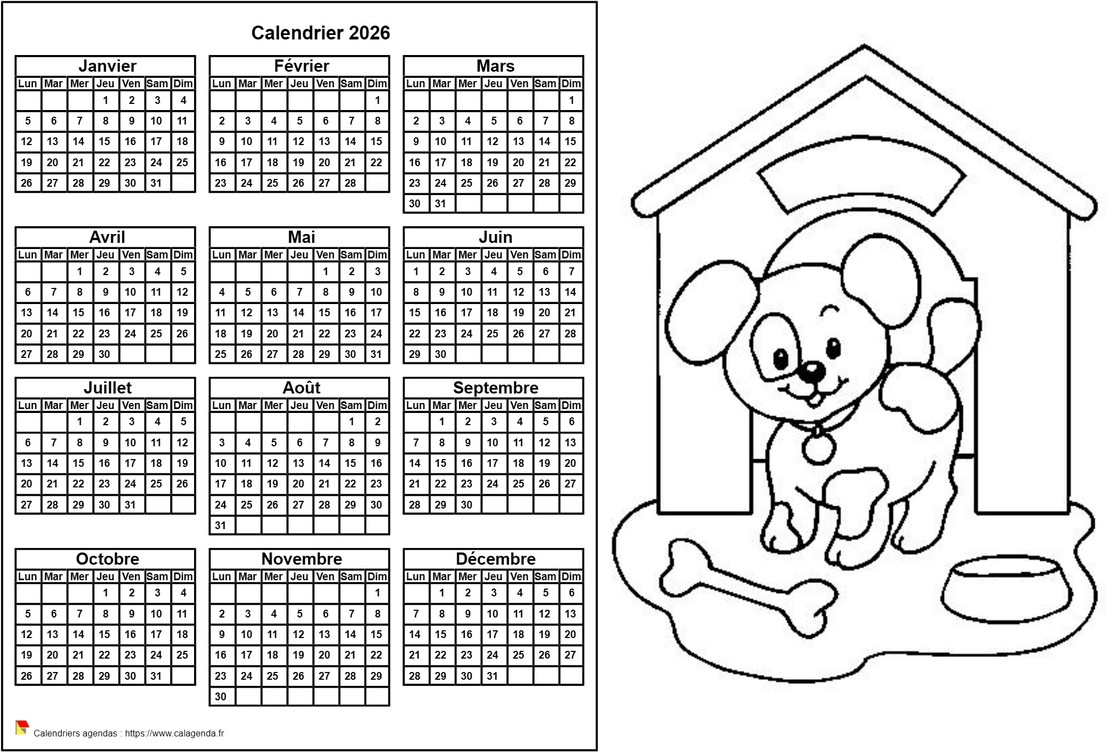 Calendrier 2026 à colorier annuel, format paysage, pour enfants Calendrier 2026 à colorier annuel, format paysage, pour enfants