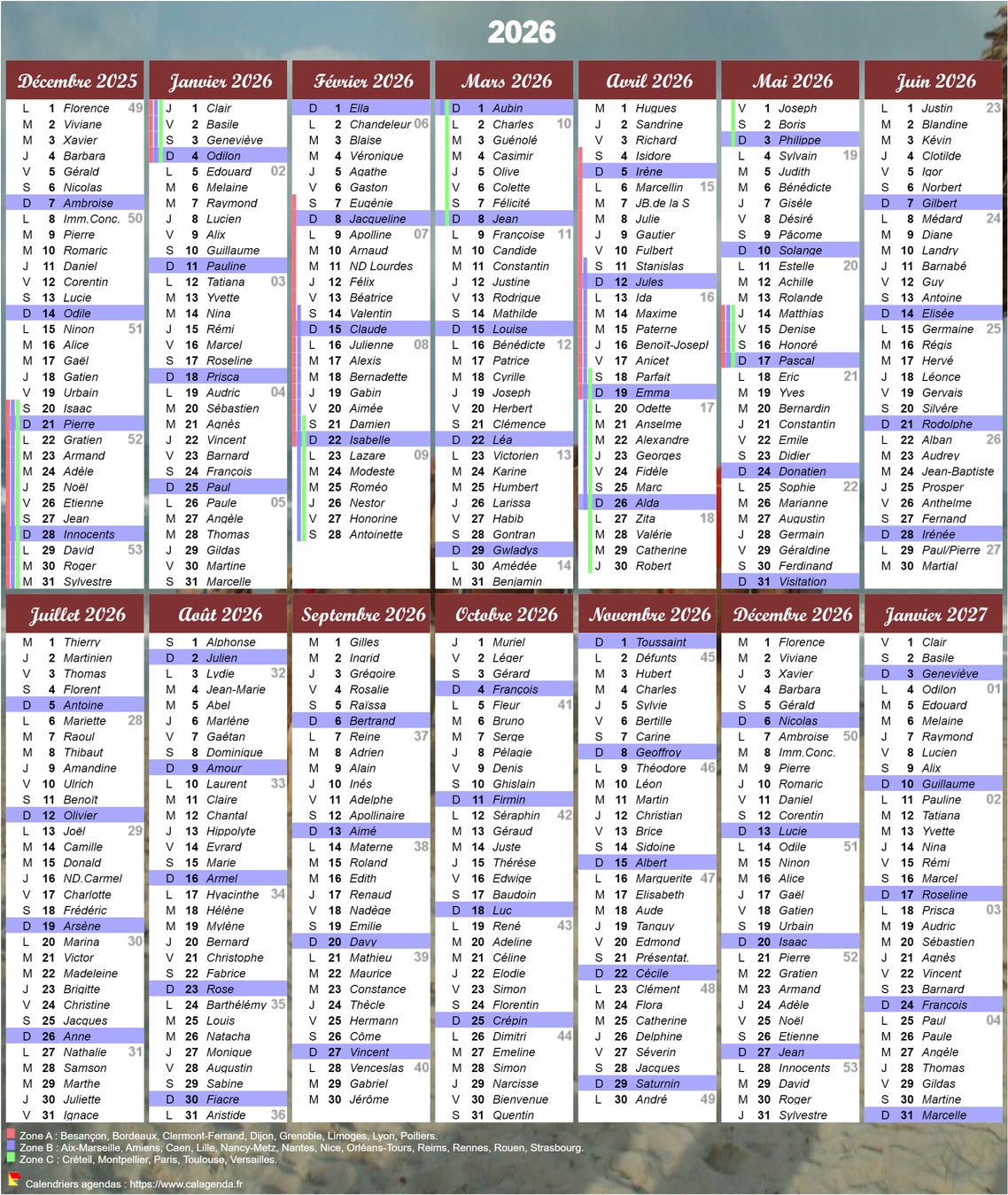 Calendrier 2026 à imprimer 14 mois avec les fêtes et les vacances scolaires Calendrier 2026 à imprimer 14 mois avec les fêtes et les vacances scolaires