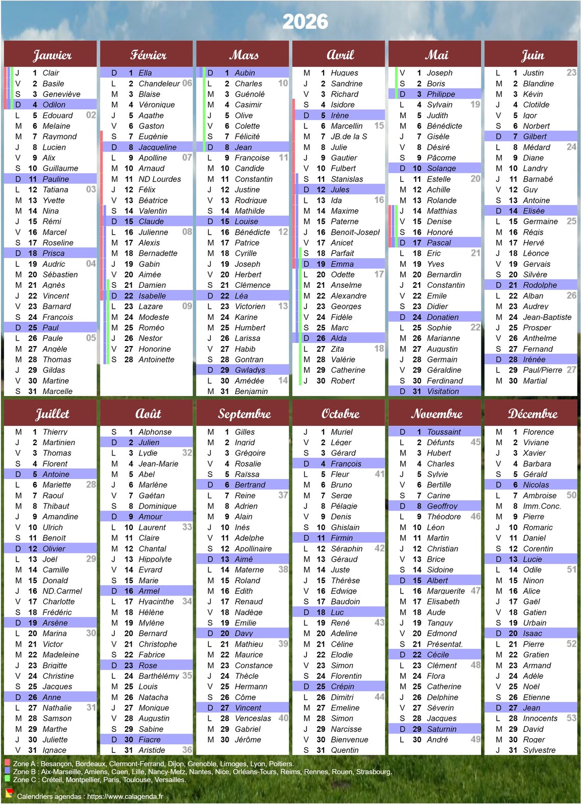 Calendrier 2026 à imprimer annuel avec les fêtes et les vacances scolaires Calendrier 2026 à imprimer annuel avec les fêtes et les vacances scolaires