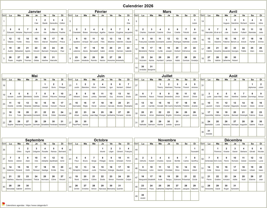 Calendrier 2026 à imprimer, annuel avec les fêtes, format paysage, sous-main ou mural Calendrier 2026 à imprimer, annuel avec les fêtes, format paysage, sous-main ou mural
