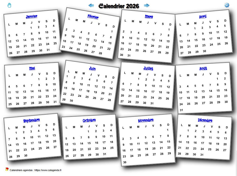 Calendrier 2026 annuel 3D pêle mêle