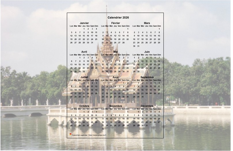 Calendrier 2026 annuel à imprimer, format paysage, une ligne par trimestre, incrusté au centre d'une photo