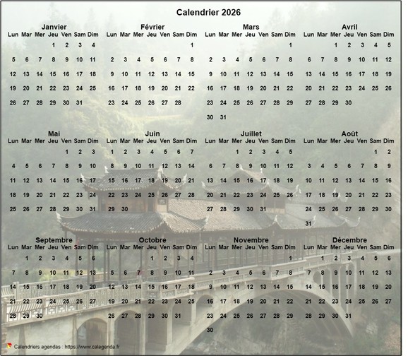 Calendrier 2026 annuel à imprimer, format paysage, quatre colonnes par trois lignes, par dessus une photo