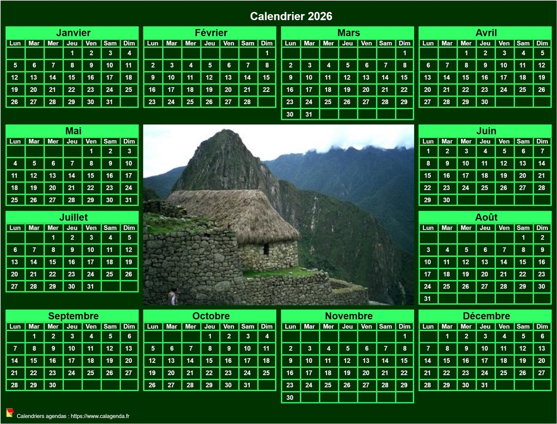 Calendrier 2026 photo annuel à imprimer, fond vert, format paysage Calendrier 2026 photo annuel à imprimer, fond vert, format paysage