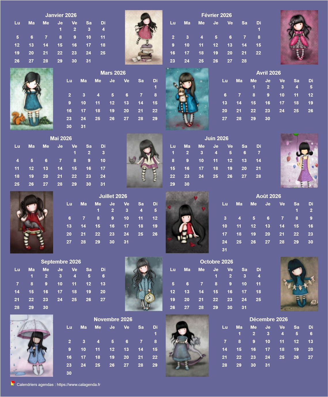 Calendrier 2026 annuel Gorjuss Calendrier 2026 annuel Gorjuss
