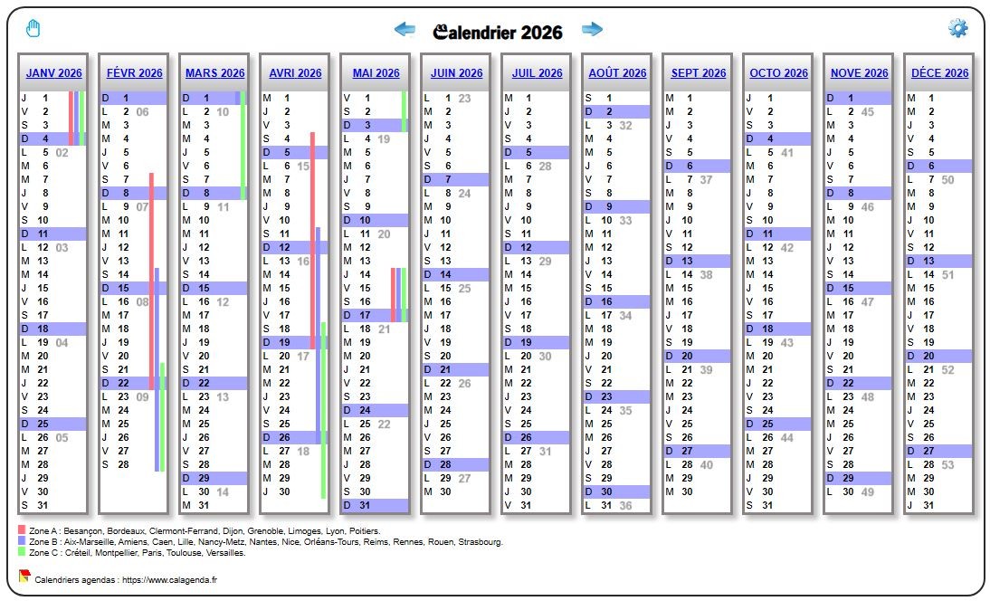 Calendrier 2026 scolaire avec agenda et les numéros de semaine
