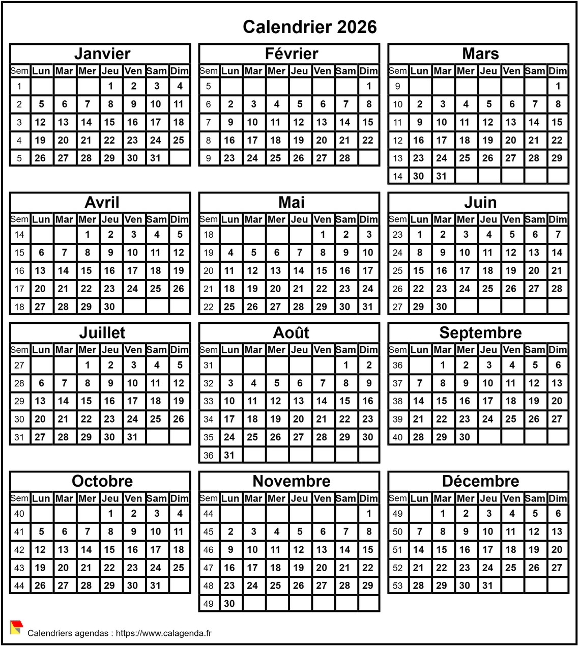 Calendrier 2026 format portrait Calendrier 2026 format portrait