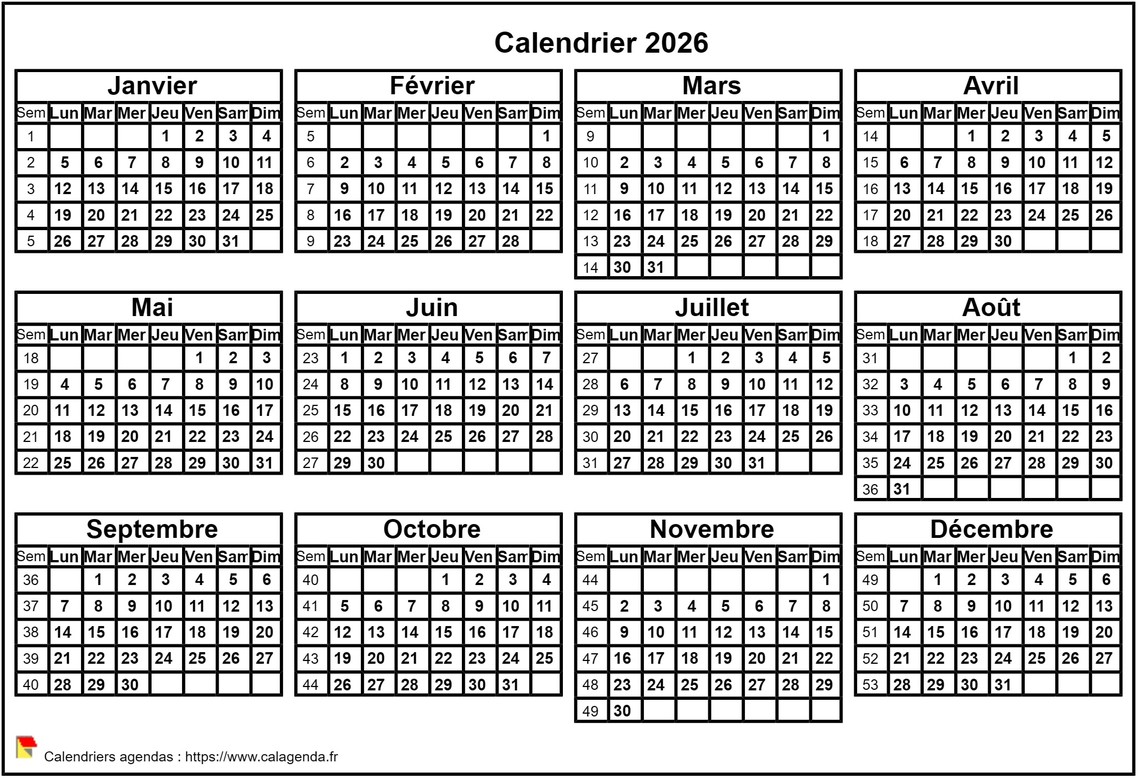 Calendrier 2026 format paysage Calendrier 2026 format paysage
