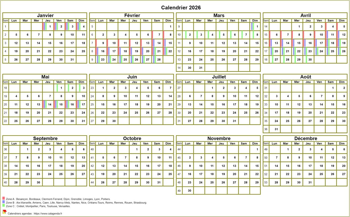 Calendrier 2026 annuel à imprimer, avec les vacances scolaires, format paysage Calendrier 2026 annuel à imprimer, avec les vacances scolaires, format paysage