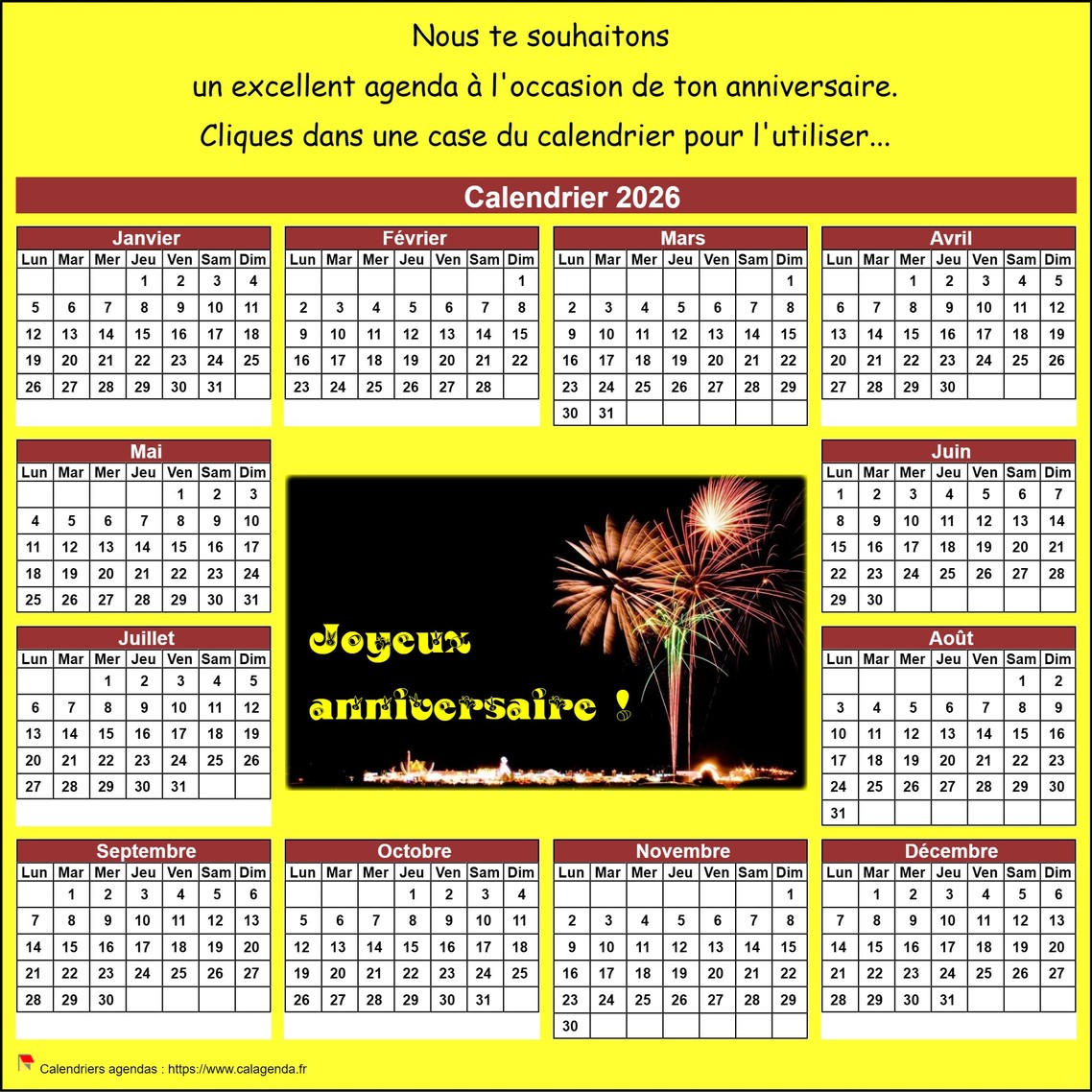 Calendrier 2026 anniversaire Calendrier 2026 anniversaire