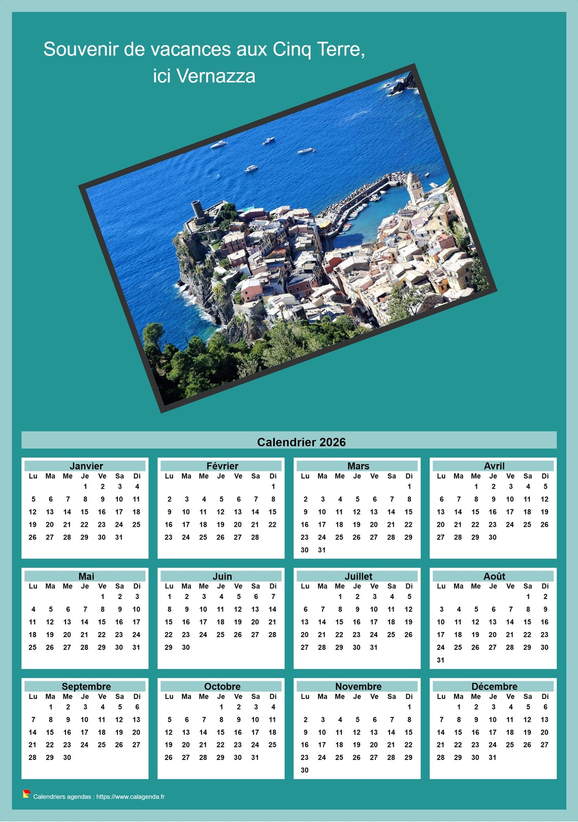 Calendrier 2026 annuel à imprimer avec photo Cinq Terres Italie Calendrier 2026 annuel à imprimer avec photo Cinq Terres Italie