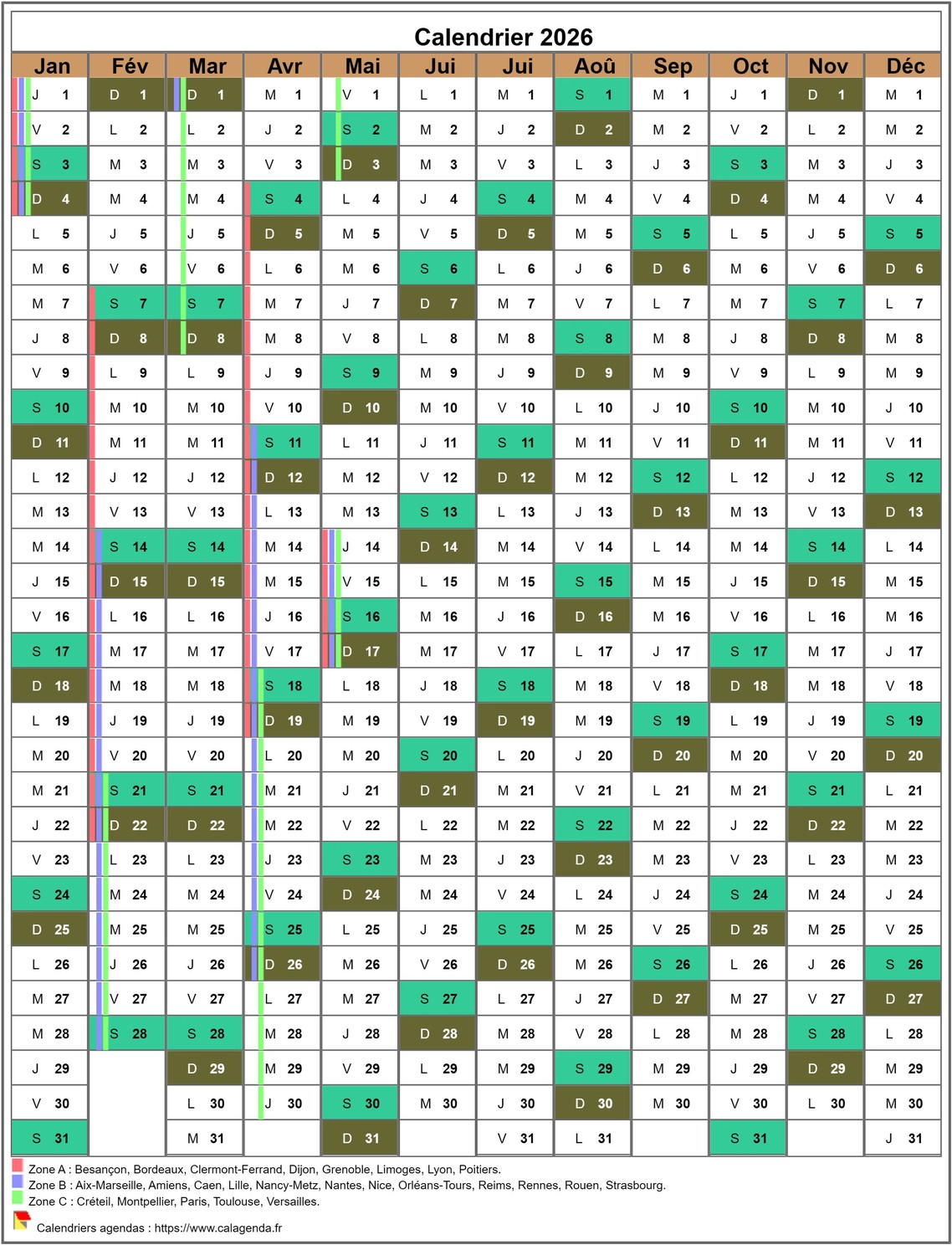 Calendrier 2026 annuel, 12 colonnes, avec les vacances scolaires Calendrier 2026 annuel, 12 colonnes, avec les vacances scolaires