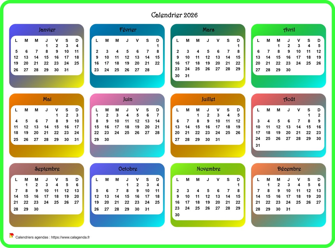 Calendrier 2026 annuel avec plusieurs dégradés de couleur Calendrier 2026 annuel avec plusieurs dégradés de couleur
