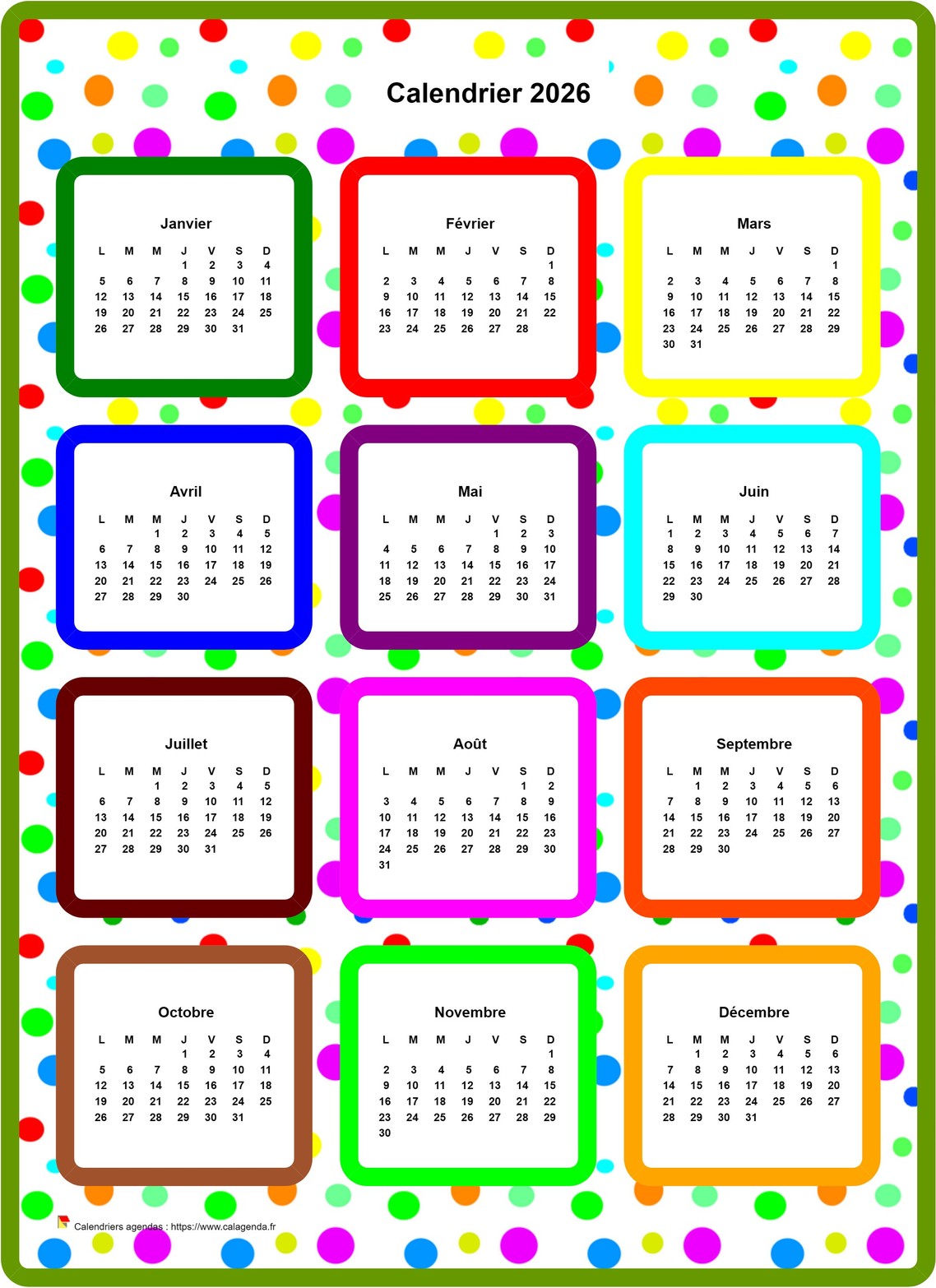 Calendrier 2026 annuel en couleurs