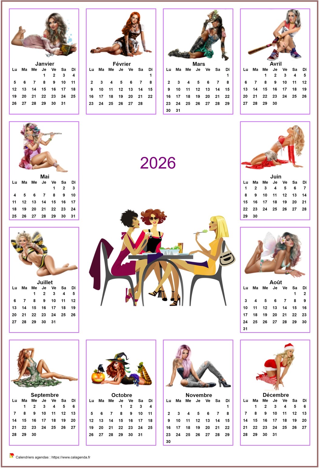 Calendrier 2026 annuel tubes femmes Calendrier 2026 annuel tubes femmes