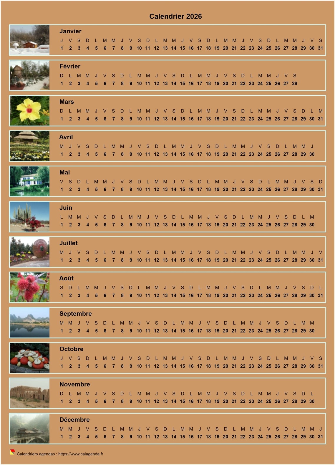 Calendrier 2026 annuel horizontal avec 12 photos Calendrier 2026 annuel horizontal avec 12 photos