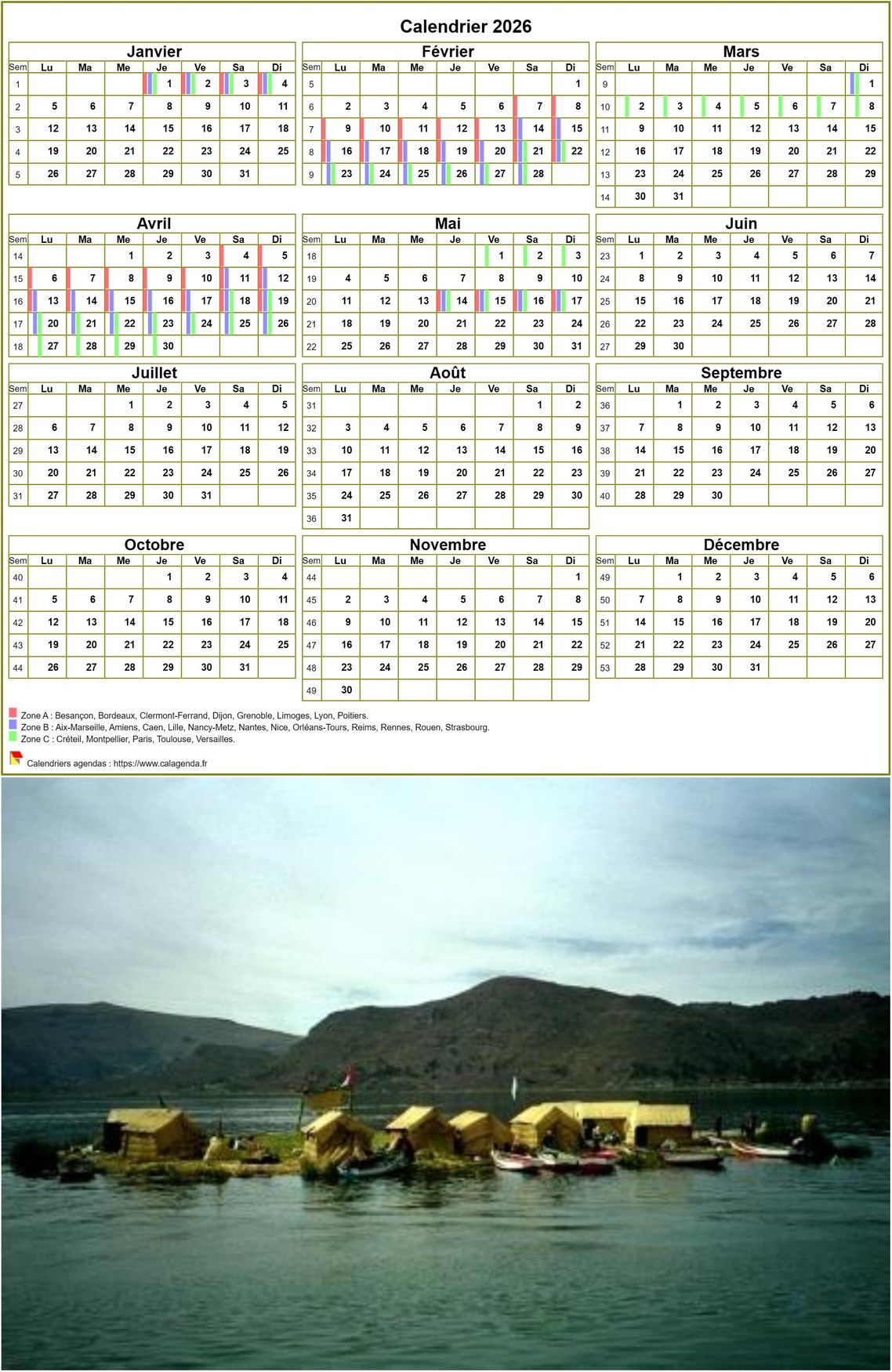 Calendrier 2026 annuel, 3 colonnes, une ligne par trimestre (format portrait avec photo) Calendrier 2026 annuel, 3 colonnes, une ligne par trimestre (format portrait avec photo)