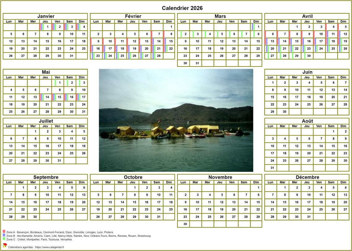 Calendrier 2026annuel avec photo, agenda synthétique, format paysage, sous-main ou mural Calendrier 2026annuel avec photo, agenda synthétique, format paysage, sous-main ou mural