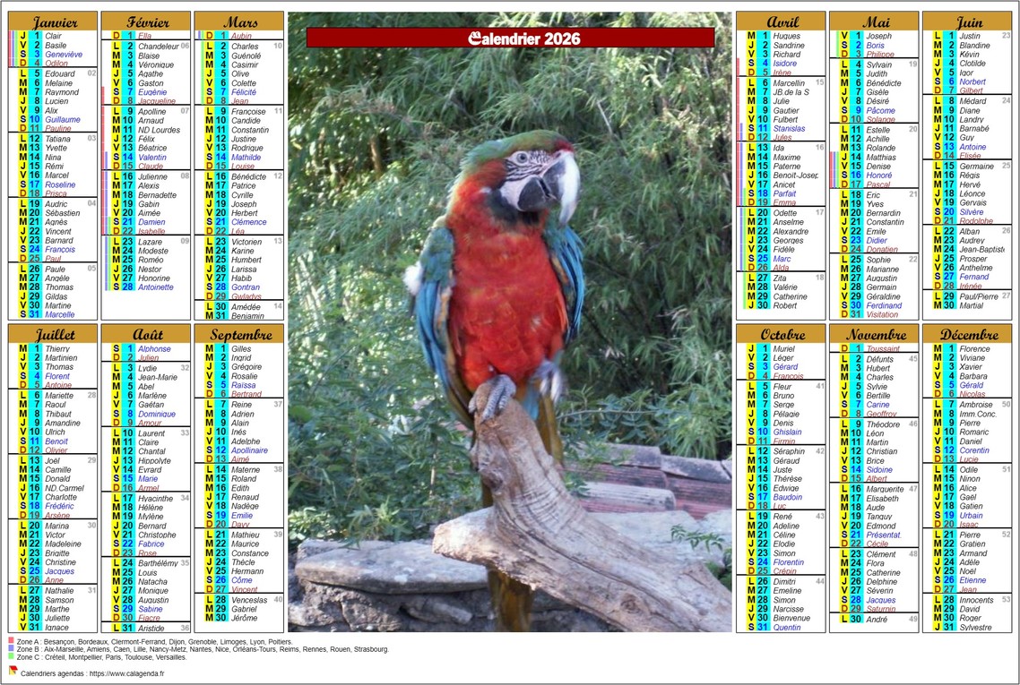 Calendrier 2026 annuel de six colonnes en format paysage