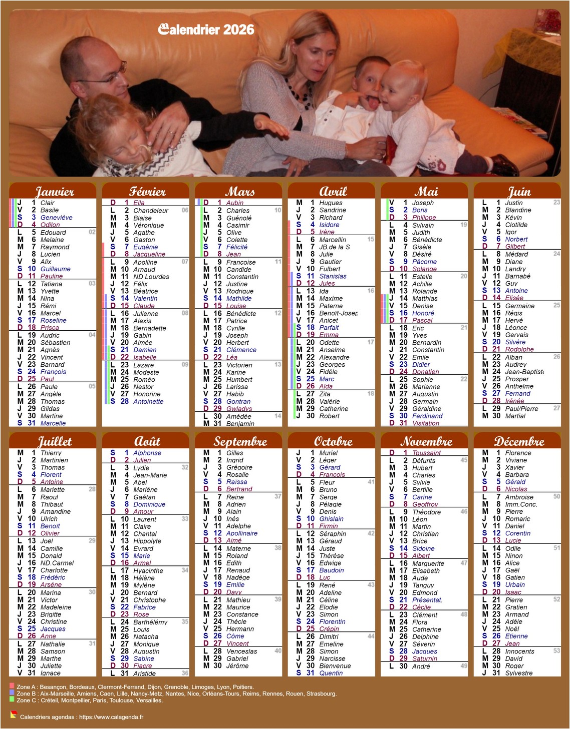 Calendrier 2026 annuel style calendrier des postes avec les vacances scolaires Calendrier 2026 annuel style calendrier des postes avec les vacances scolaires