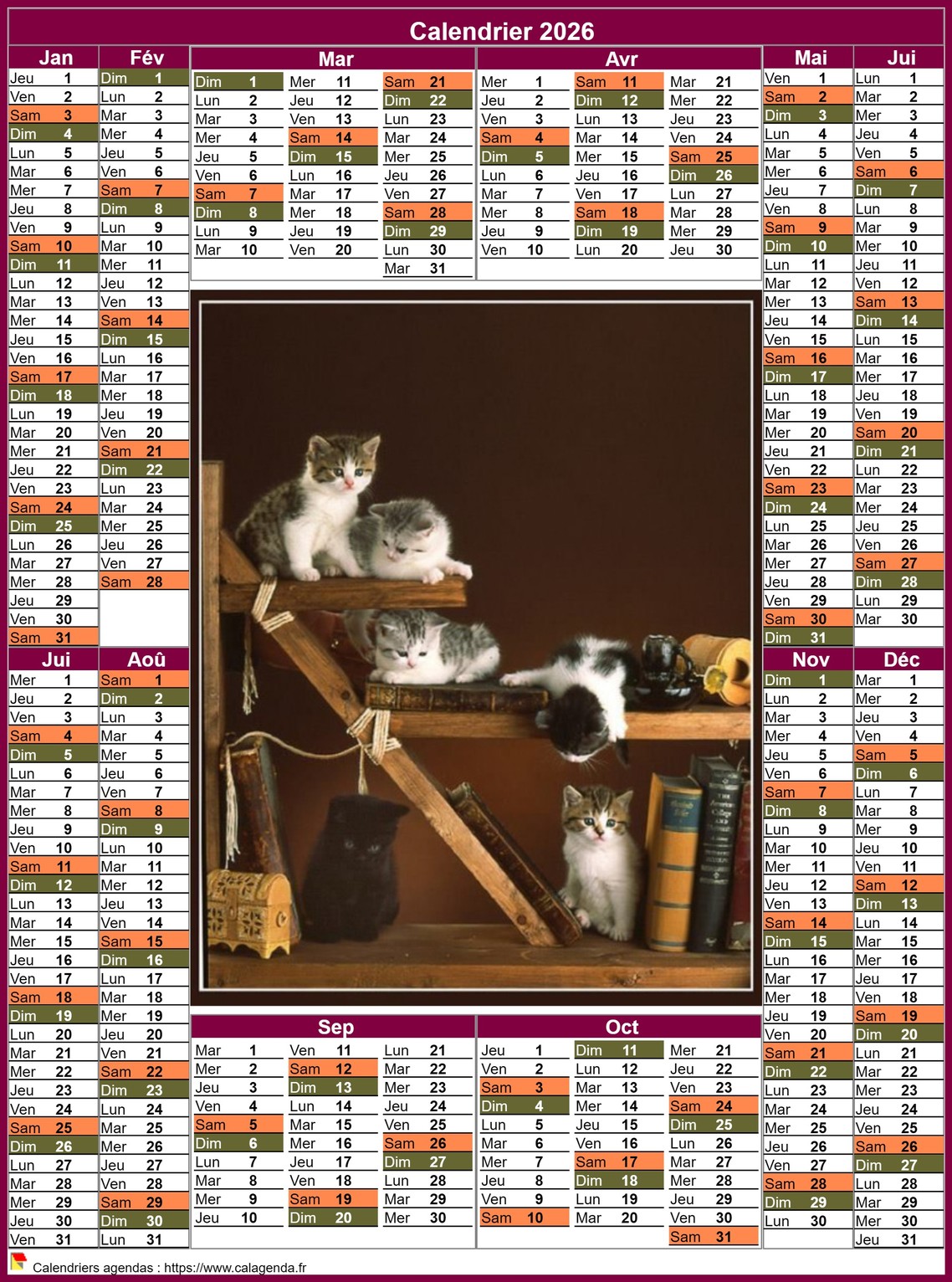 Calendrier 2026 annuel portrait style postes