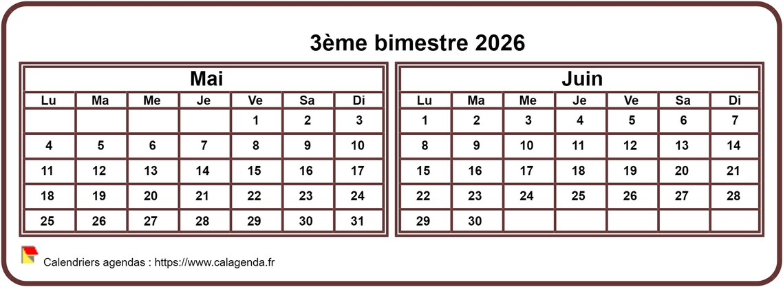 Calendrier 2026 à imprimer bimestriel, format mini de poche, horizontal, fond blanc