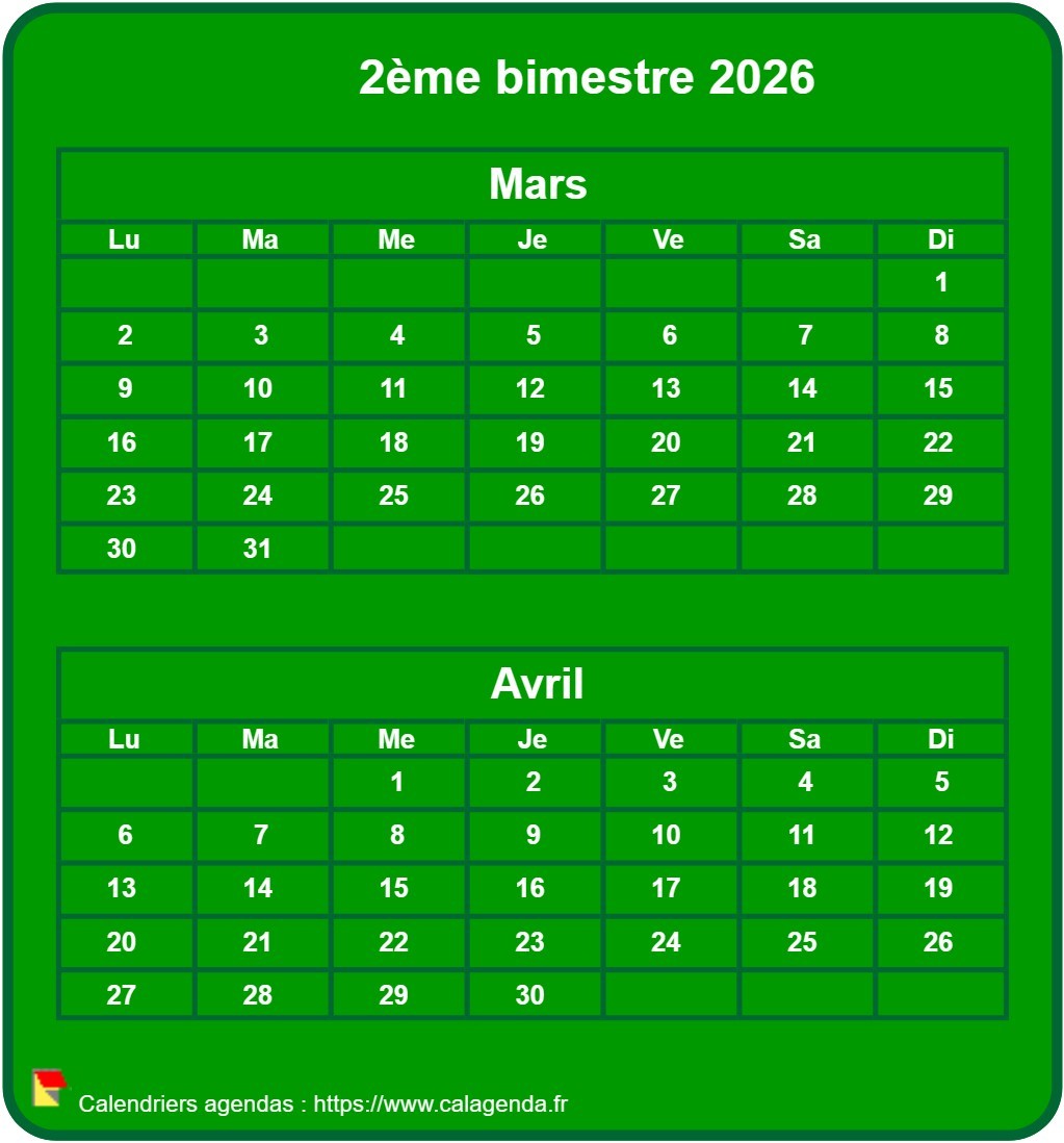 Calendrier 2026 à imprimer bimestriel, format mini de poche, vertical, fond vert