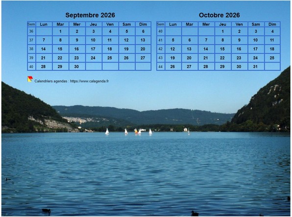 Calendrier 2026 décoratif à imprimer, bimestriel, format paysage, incrusté sur la partie haute d'une photo