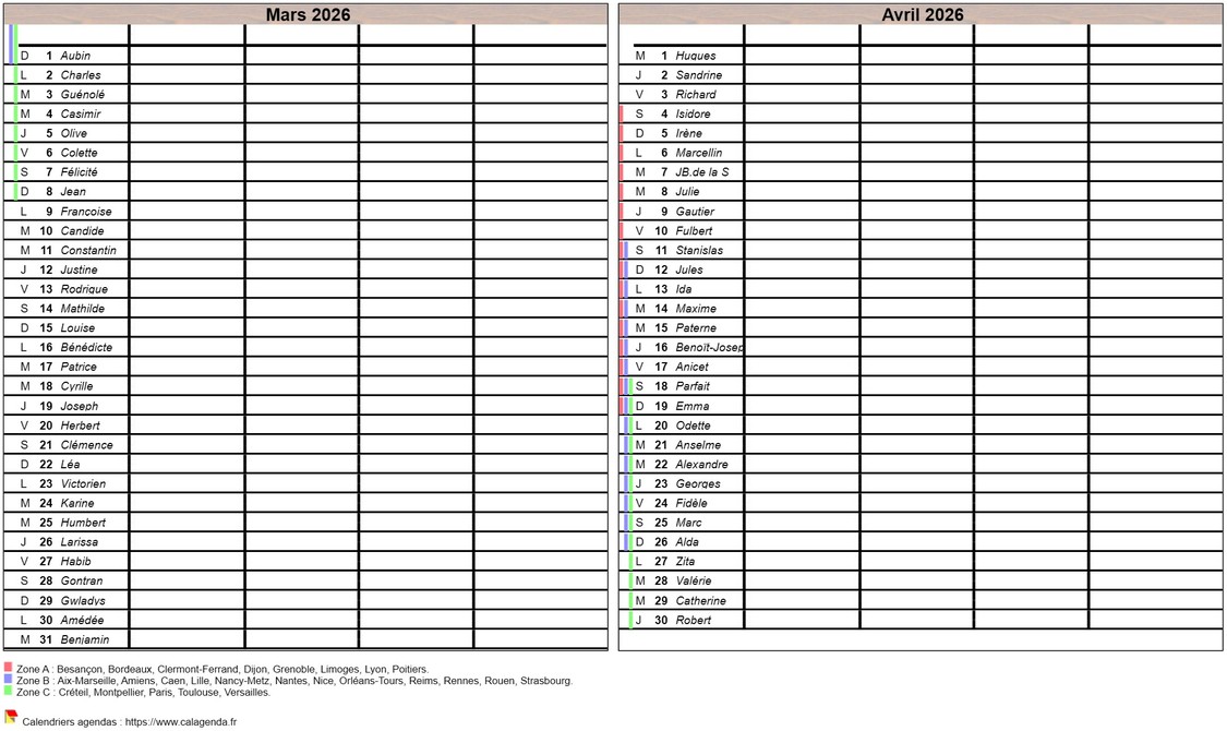 Calendrier 2026 planning bimestriel vierge, format portrait, 4 colonnes, avec les fêtes