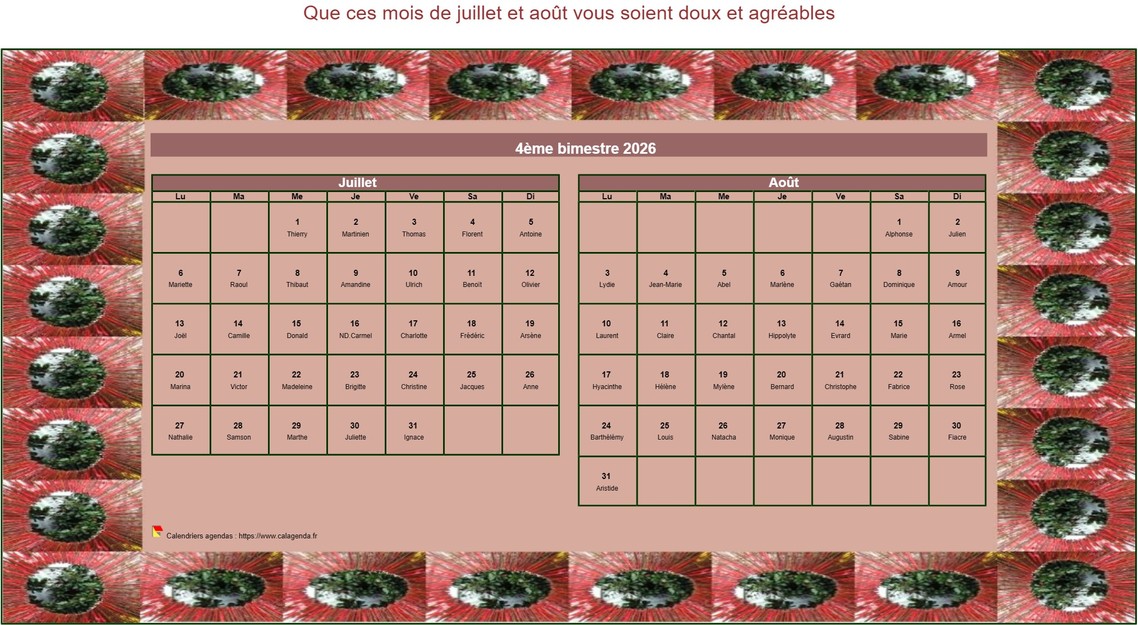 Calendrier 2026 à imprimer bimestriel décoratif, format paysage, avec cadre photo