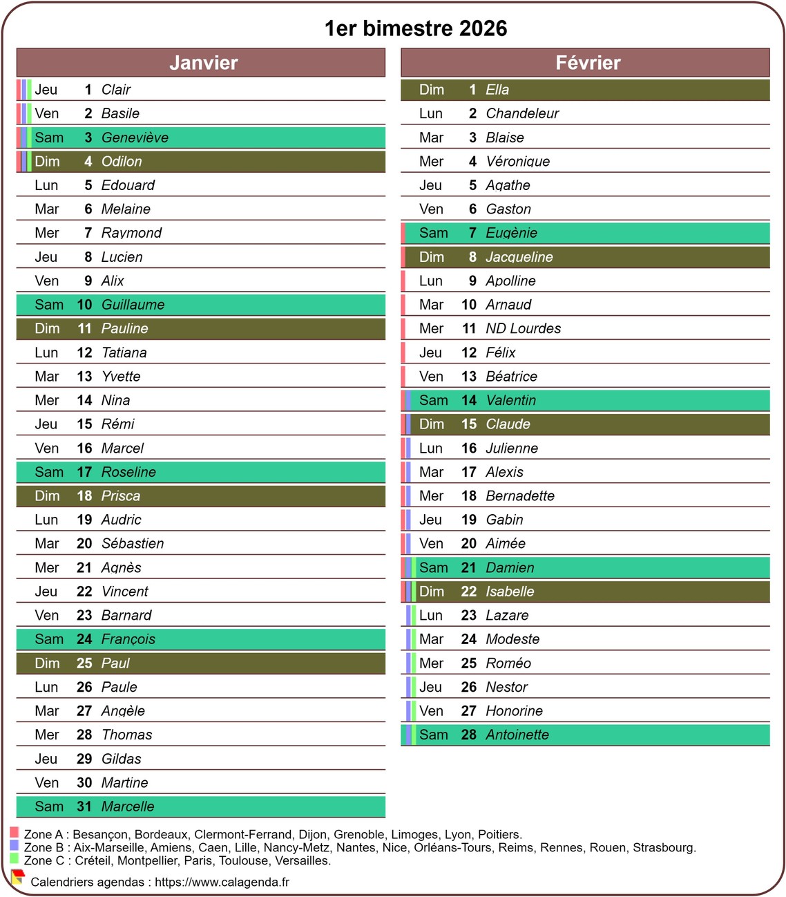 Calendrier 2026 bimestriel avec agenda détaillé, format portrait, une colonne par mois