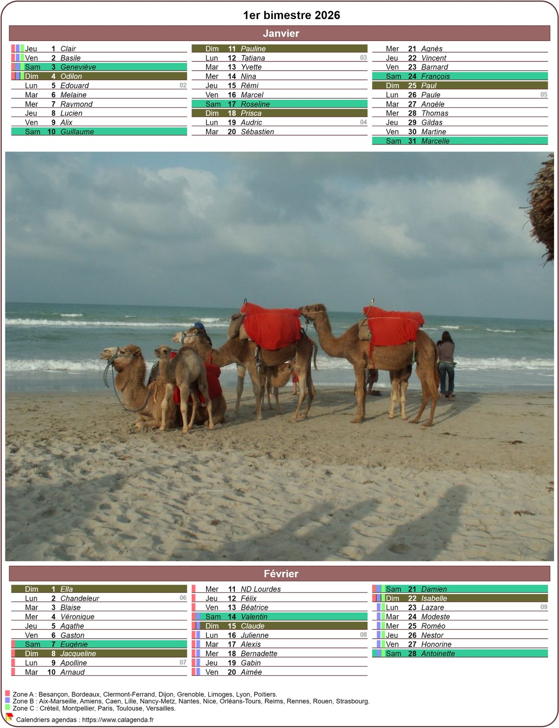 Calendrier 2026 bimestriel en décades avec photo