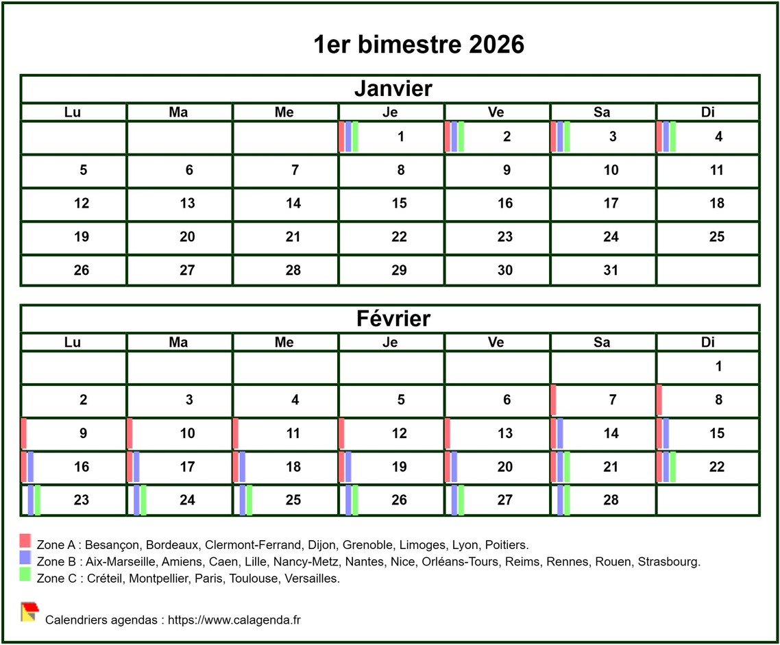 Calendrier 2026 à imprimer bimestriel, format mini de poche, avec les vacances scolaires