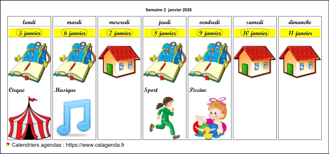Calendrier 2026 hebdomadaire pour les écoles maternelles Calendrier 2026 hebdomadaire pour les écoles maternelles