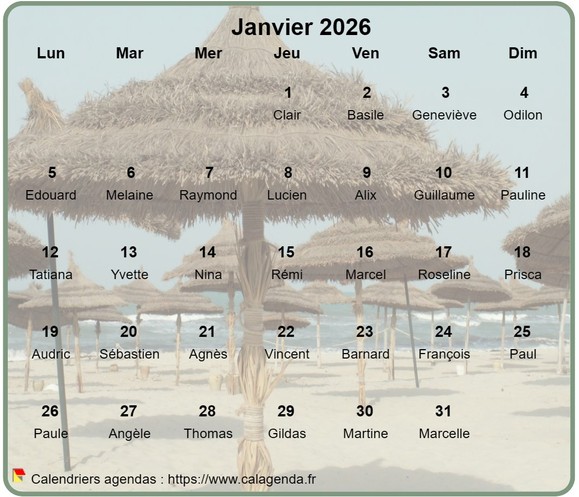Calendrier mensuel 2026 à imprimer, en transparence sur une photo