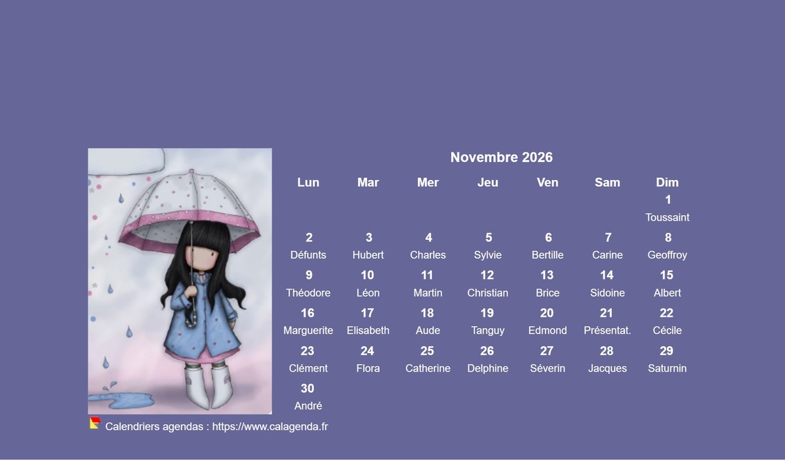 Calendrier mensuel 2026 Gorjuss