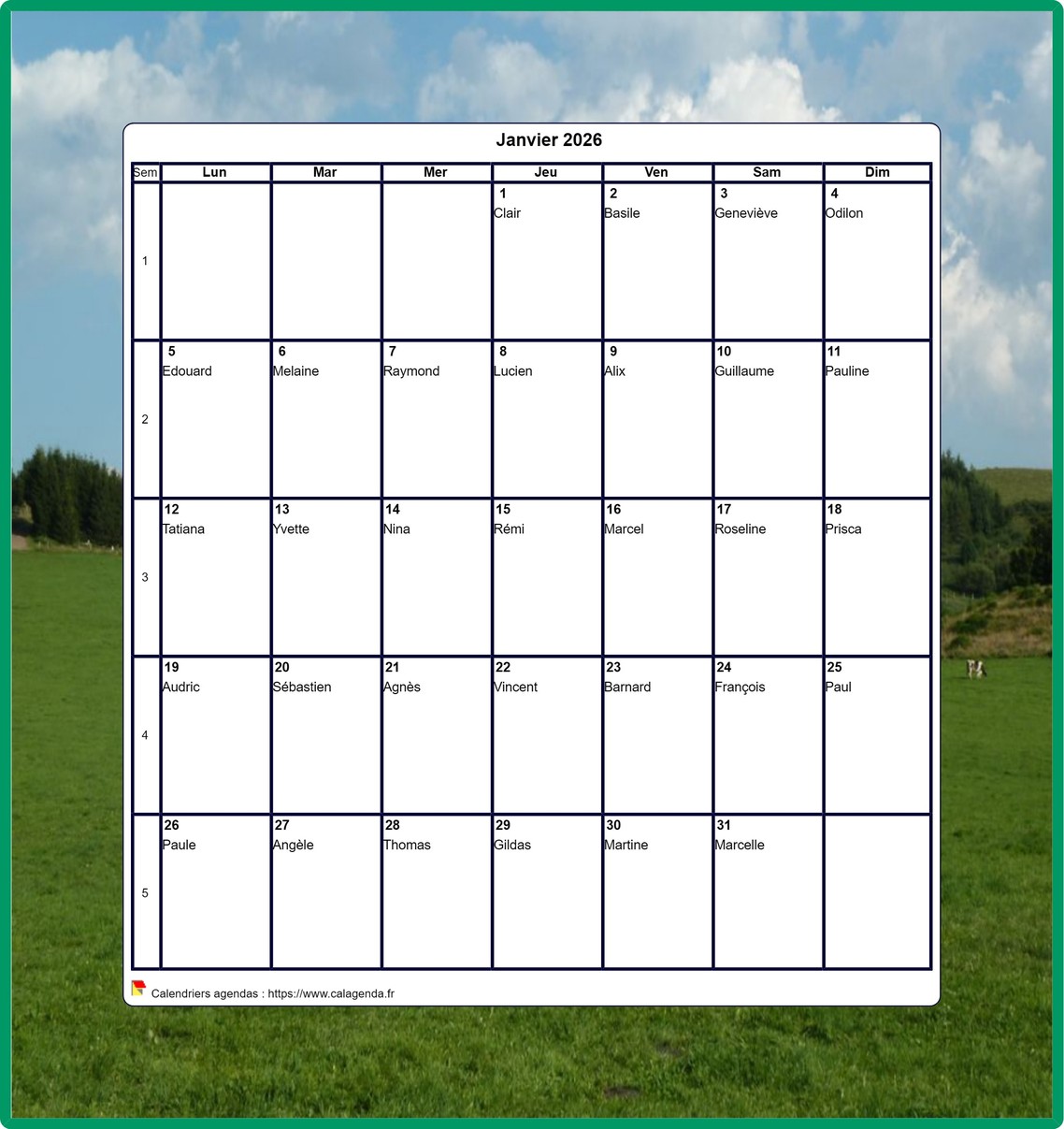 Calendrier 2026 décoratif à imprimer, mensuel , format portrait, avec une photo