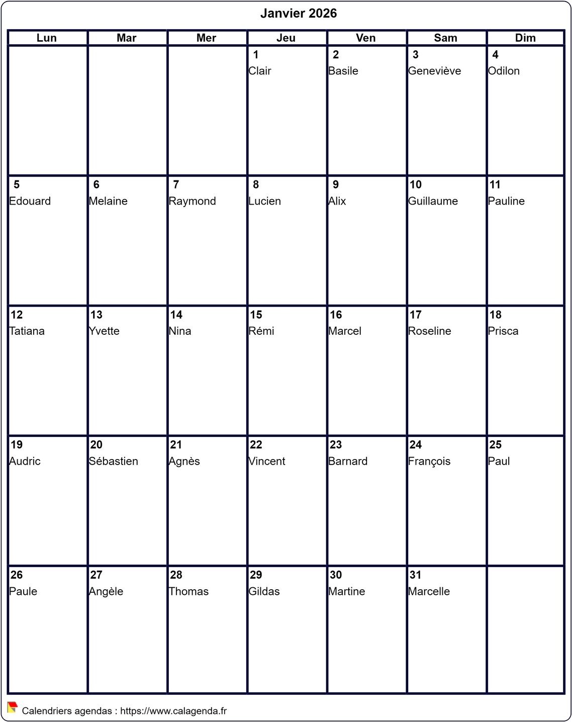 Calendrier a imprimer gratuit 2026 mois par mois
