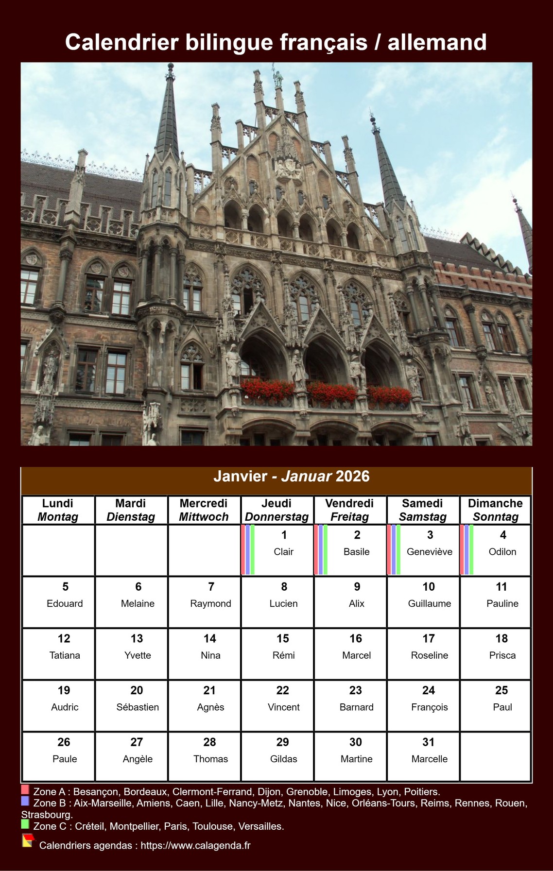 Calendrier mensuel 2026 allemand Calendrier mensuel 2026 allemand