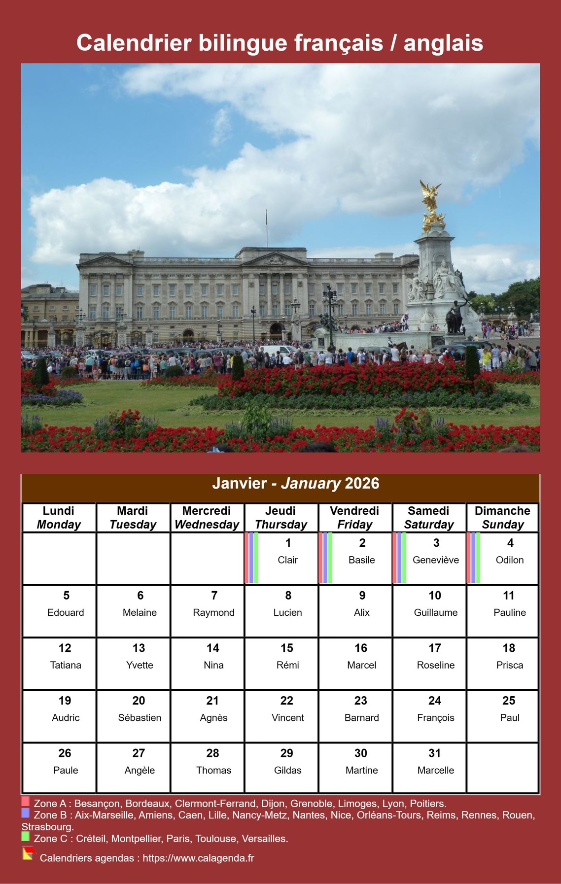 Calendrier mensuel 2026 bilingue français / anglais. Calendrier mensuel 2026 bilingue français / anglais.
