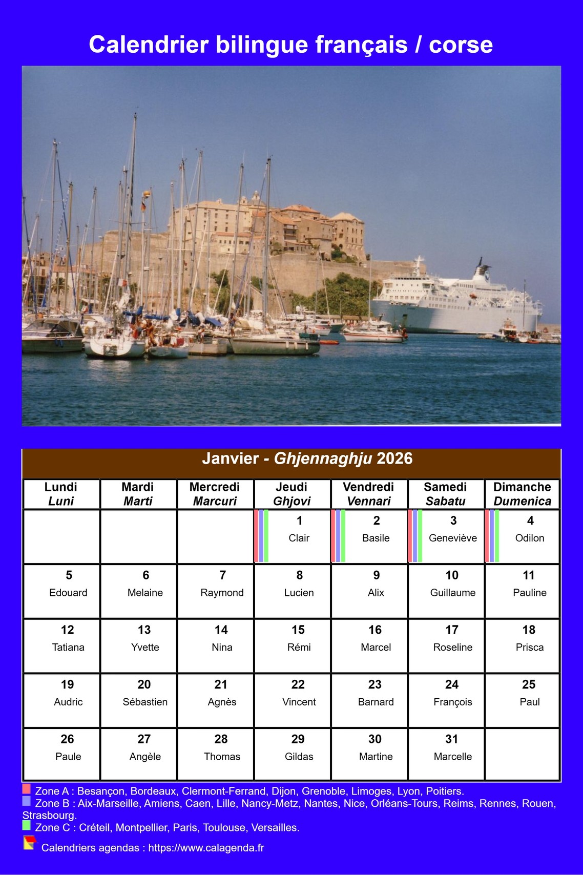 Calendrier mensuel 2026 corse Calendrier mensuel 2026 corse