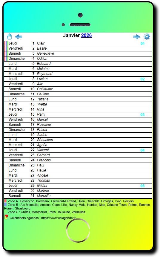 Calendrier mensuel 2026, style iPhone Calendrier mensuel 2026, style iPhone