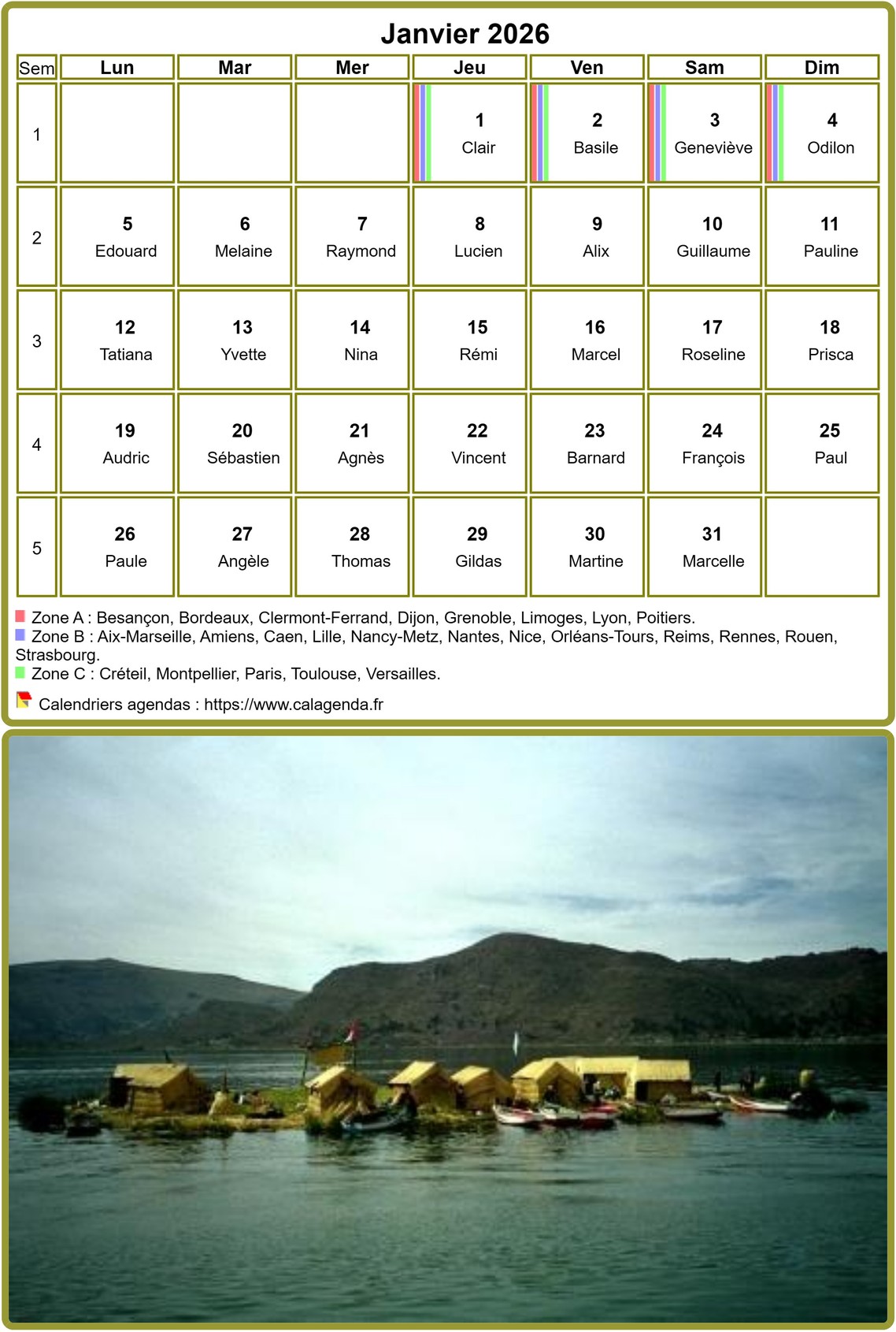 Calendrier mensuel 2026, tableau avec photo